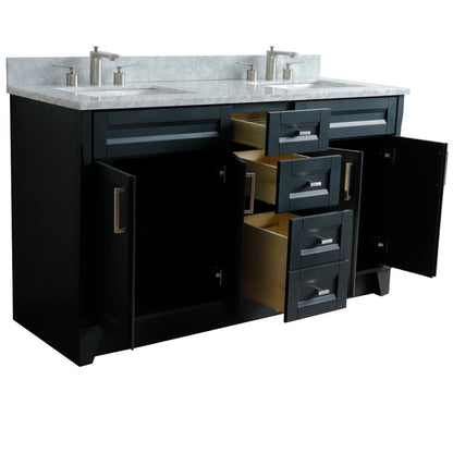 61" Double sink vanity in Dark Gray finish and White Carrara marble and rectangle sink
