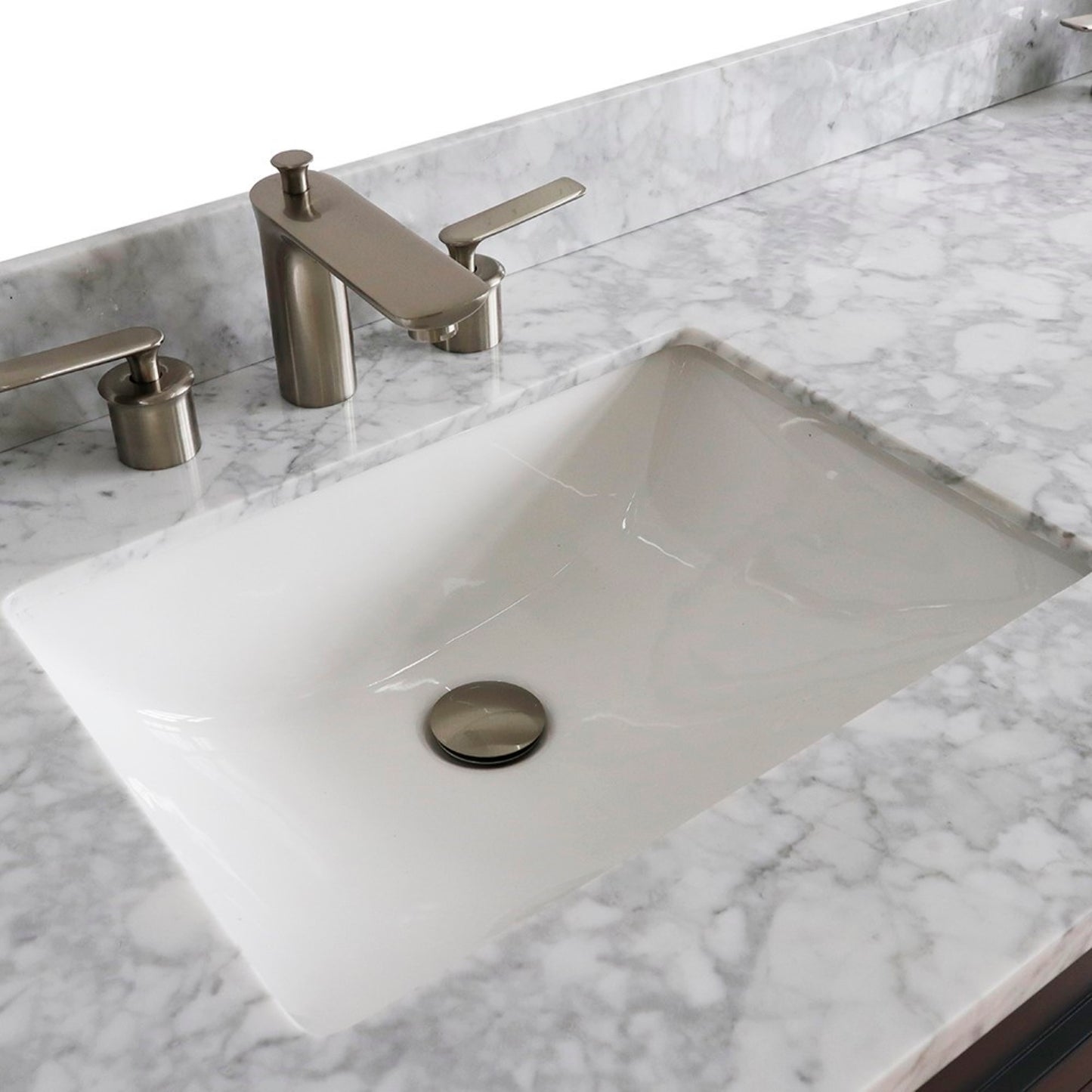 61" Double sink vanity in Dark Gray finish and White Carrara marble and rectangle sink