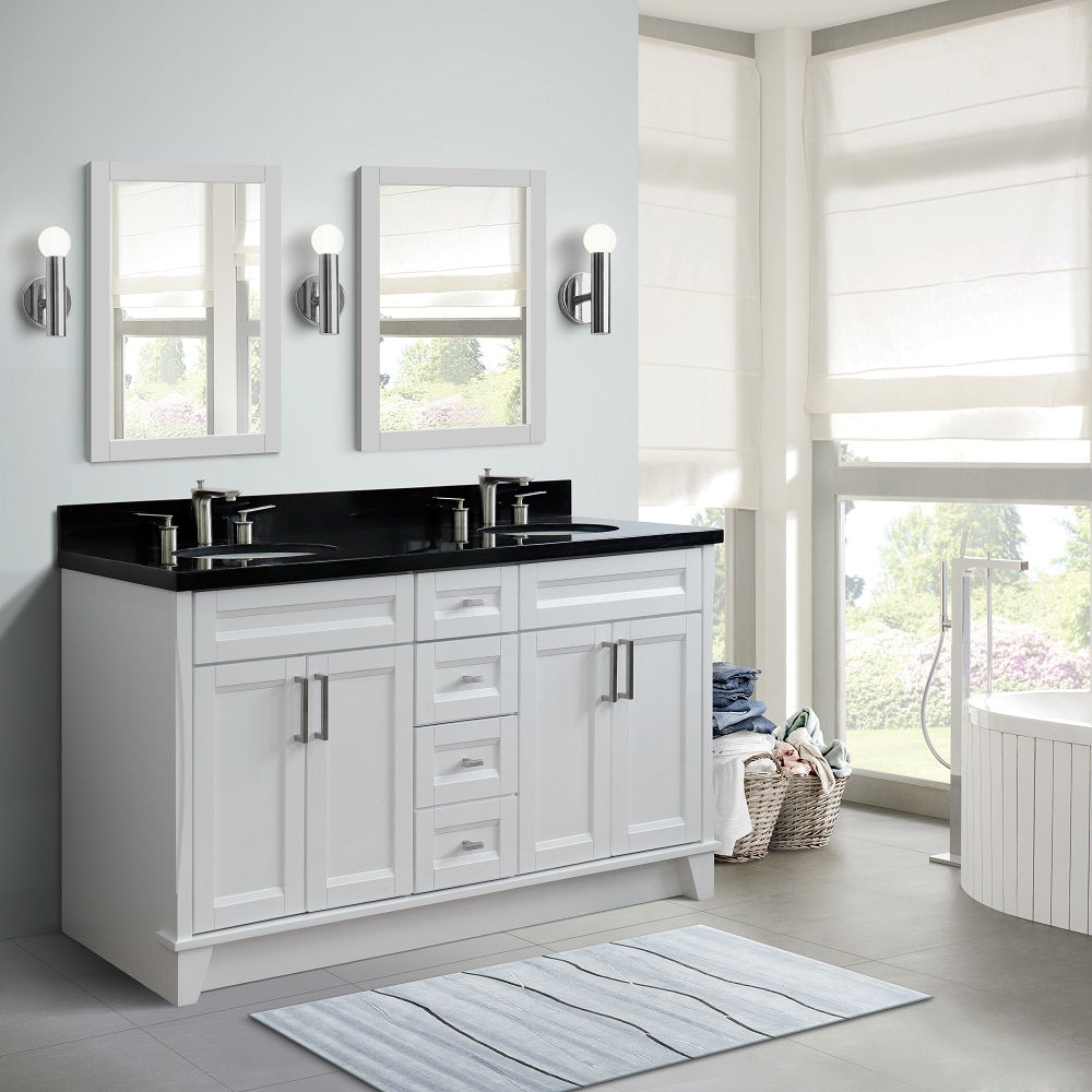 61" Double sink vanity in White finish and Black galaxy granite and oval sink