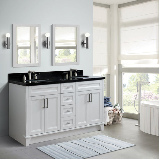 61" Double sink vanity in White finish and Black galaxy granite and oval sink