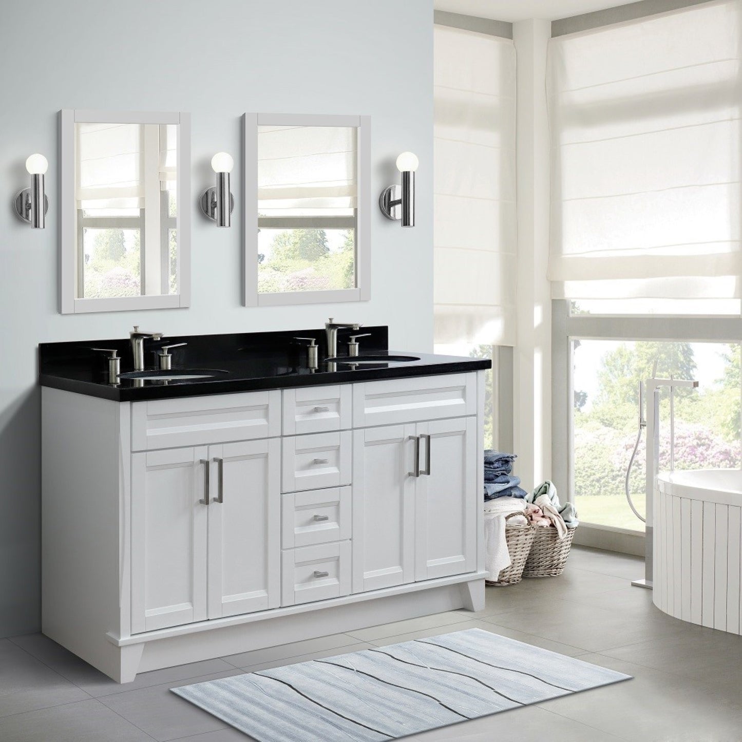 61" Double sink vanity in White finish and Black galaxy granite and oval sink