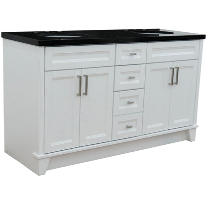 61" Double sink vanity in White finish and Black galaxy granite and oval sink