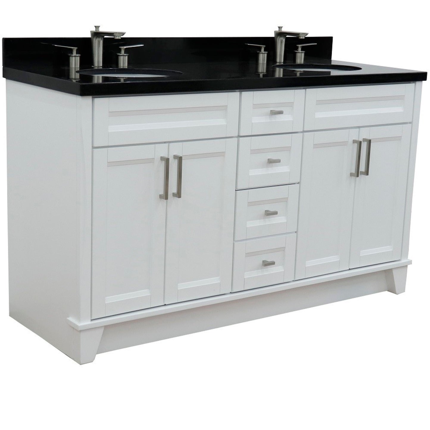 61" Double sink vanity in White finish and Black galaxy granite and oval sink
