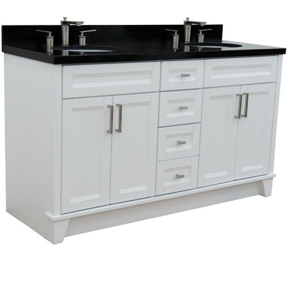 61" Double sink vanity in White finish and Black galaxy granite and oval sink