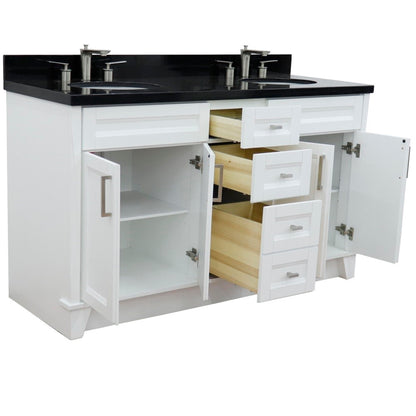 61" Double sink vanity in White finish and Black galaxy granite and oval sink