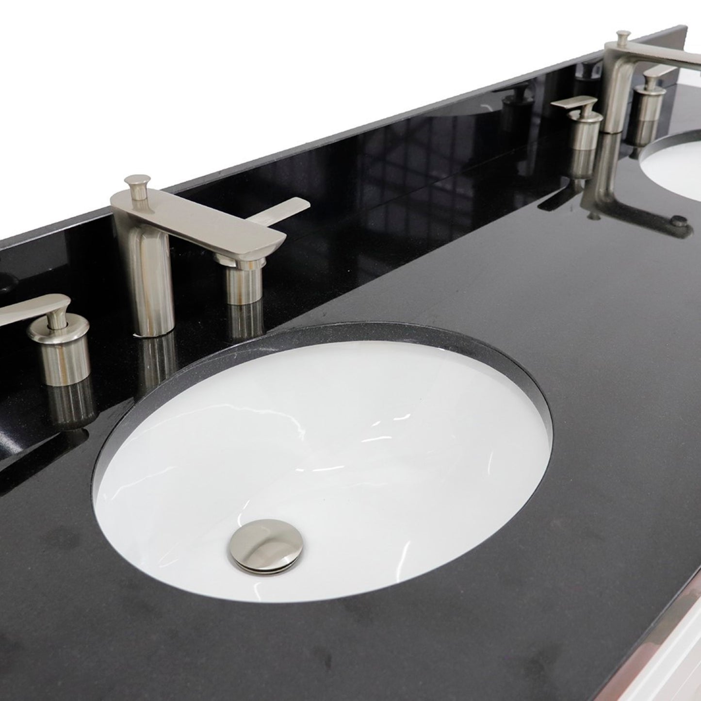 61" Double sink vanity in White finish and Black galaxy granite and oval sink