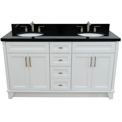61" Double sink vanity in White finish and Black galaxy granite and oval sink