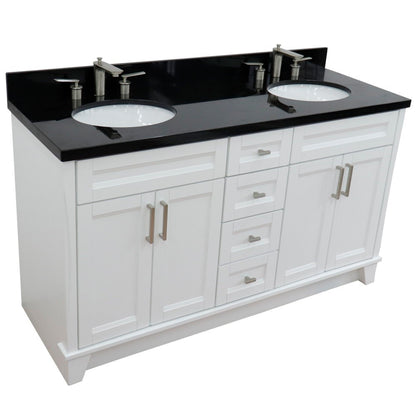 61" Double sink vanity in White finish and Black galaxy granite and oval sink