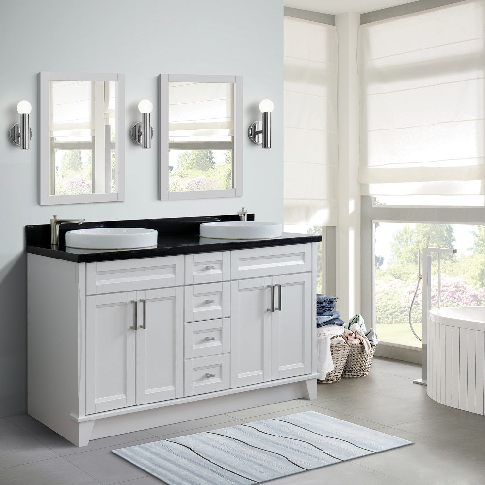 61" Double sink vanity in White finish and Black galaxy granite and round sink