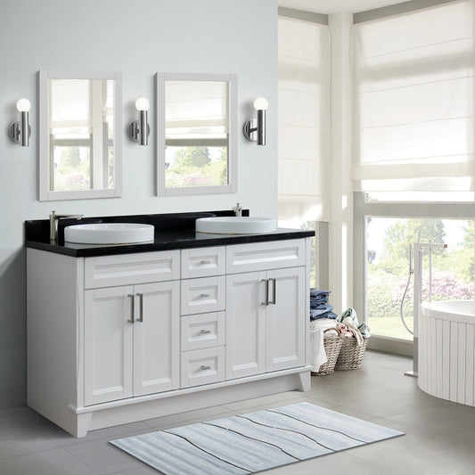 61" Double sink vanity in White finish and Black galaxy granite and round sink