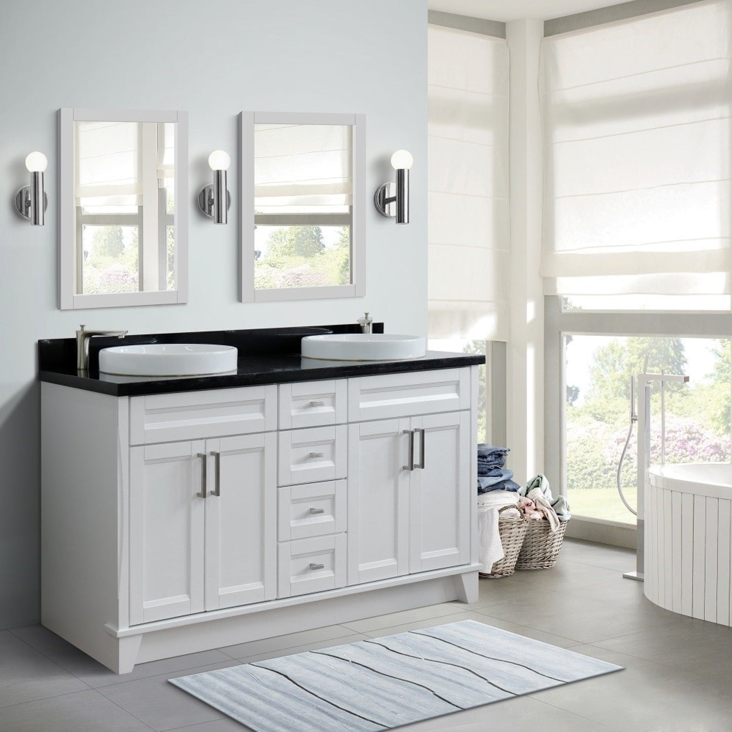 61" Double sink vanity in White finish and Black galaxy granite and round sink