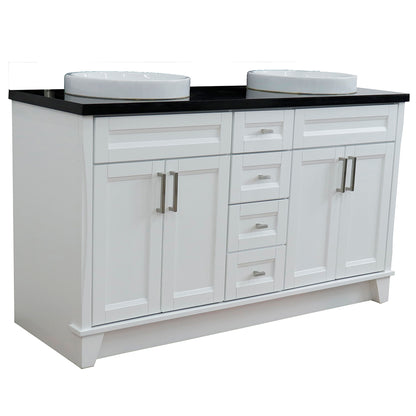 61" Double sink vanity in White finish and Black galaxy granite and round sink