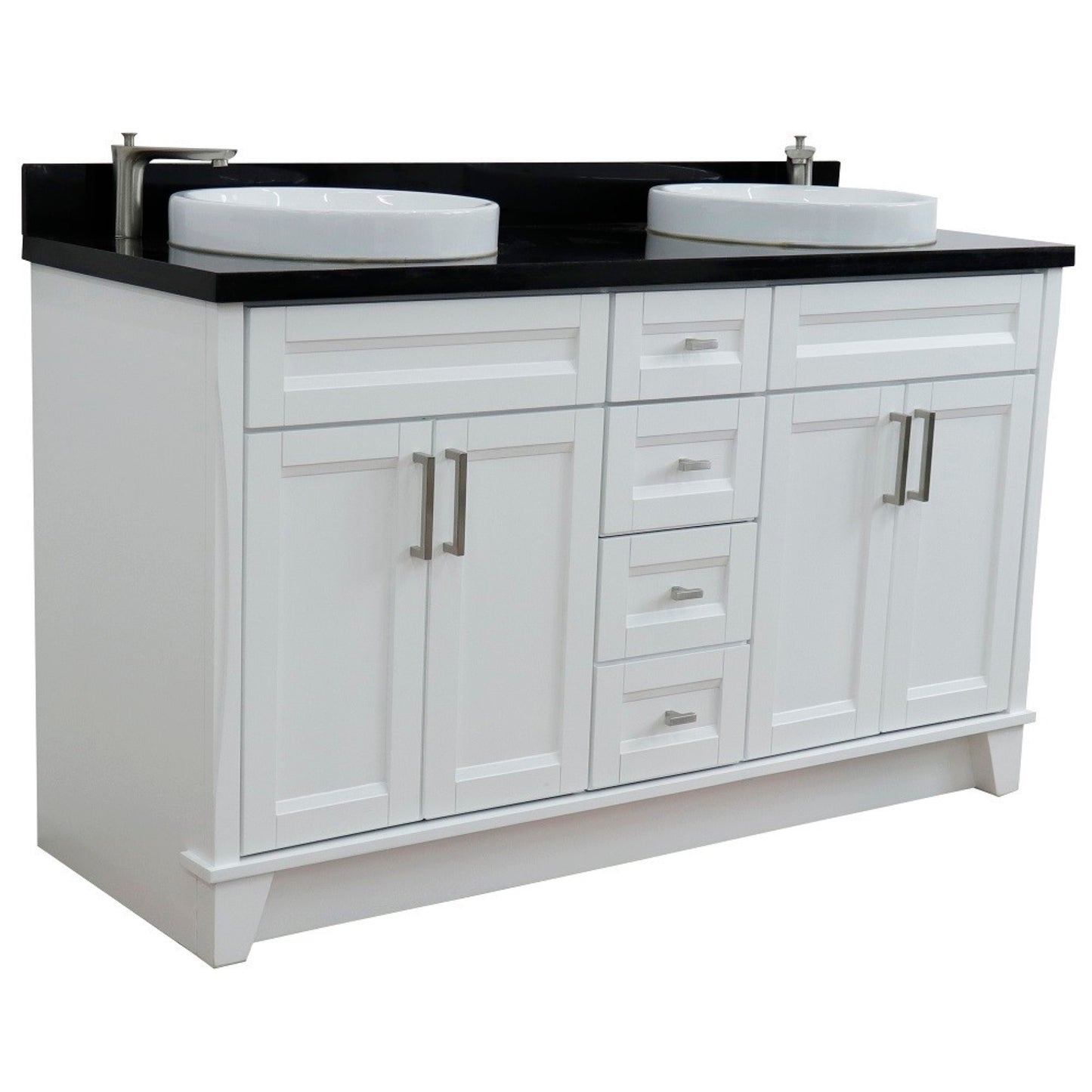 61" Double sink vanity in White finish and Black galaxy granite and round sink