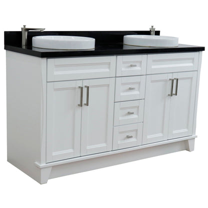 61" Double sink vanity in White finish and Black galaxy granite and round sink