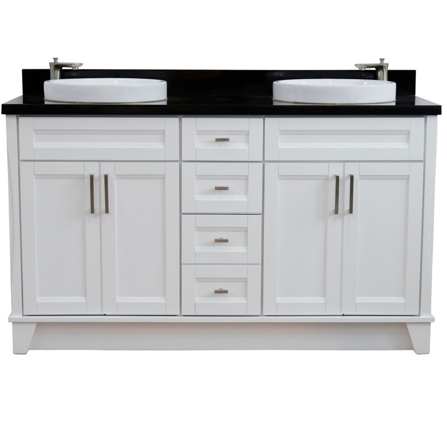 61" Double sink vanity in White finish and Black galaxy granite and round sink