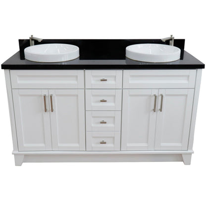 61" Double sink vanity in White finish and Black galaxy granite and round sink