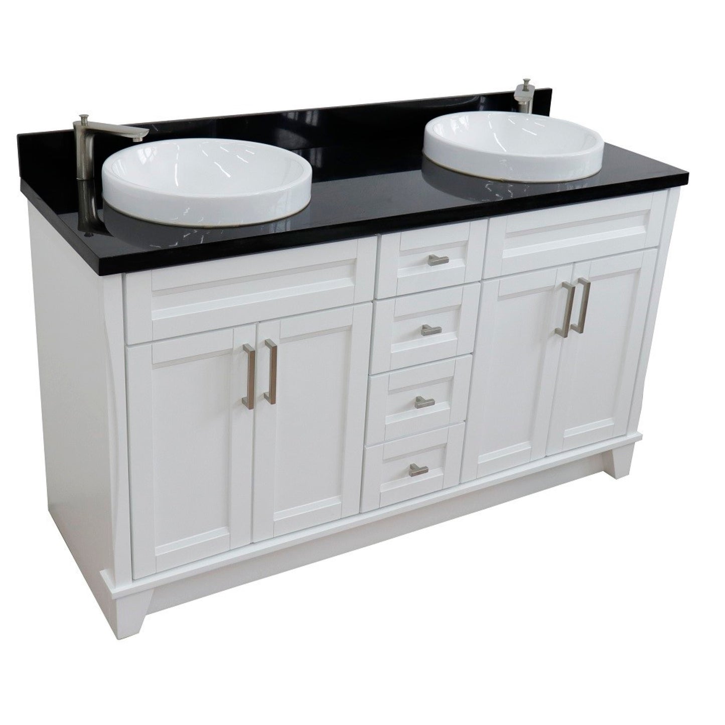 61" Double sink vanity in White finish and Black galaxy granite and round sink