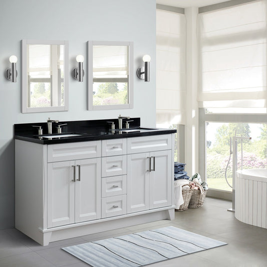 61" Double sink vanity in White finish and Black galaxy granite and rectangle sink