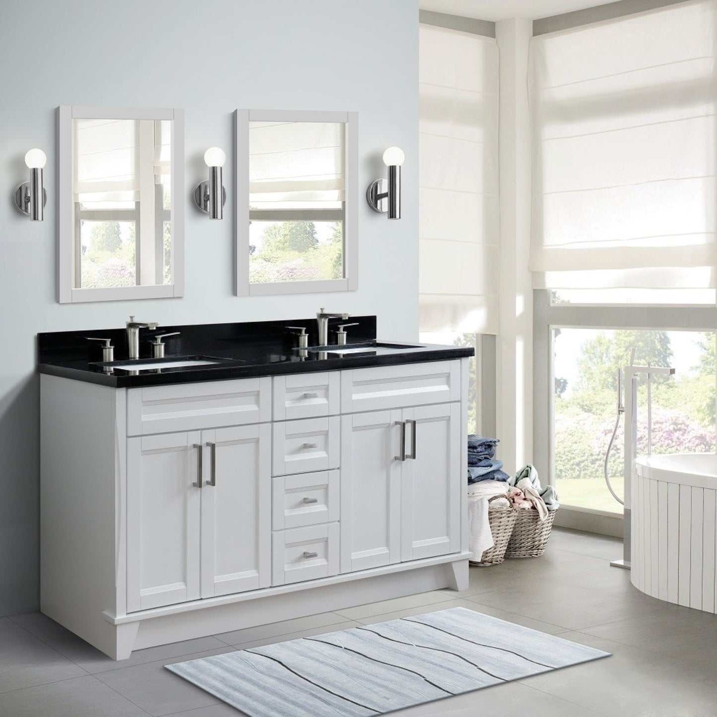 61" Double sink vanity in White finish and Black galaxy granite and rectangle sink