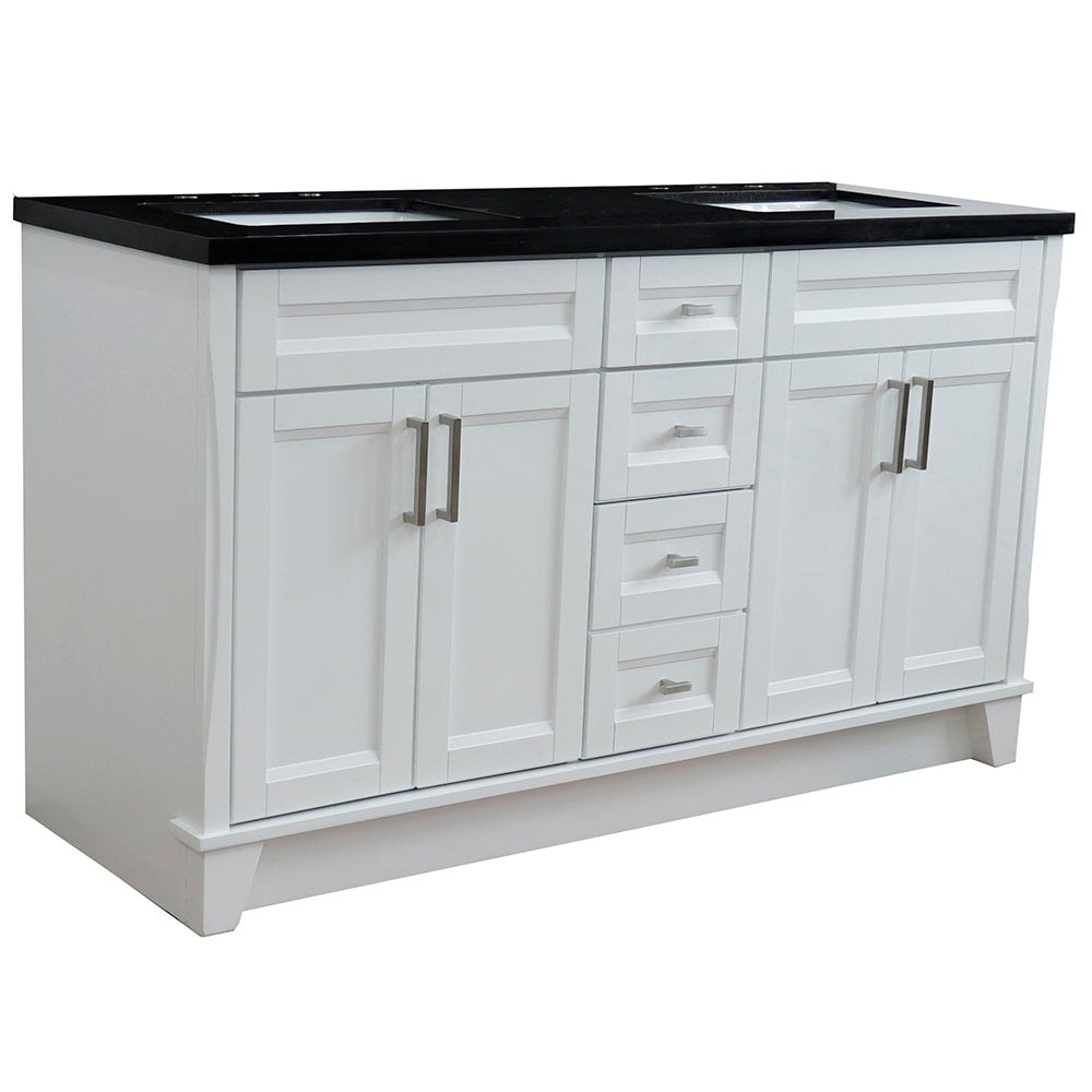 61" Double sink vanity in White finish and Black galaxy granite and rectangle sink