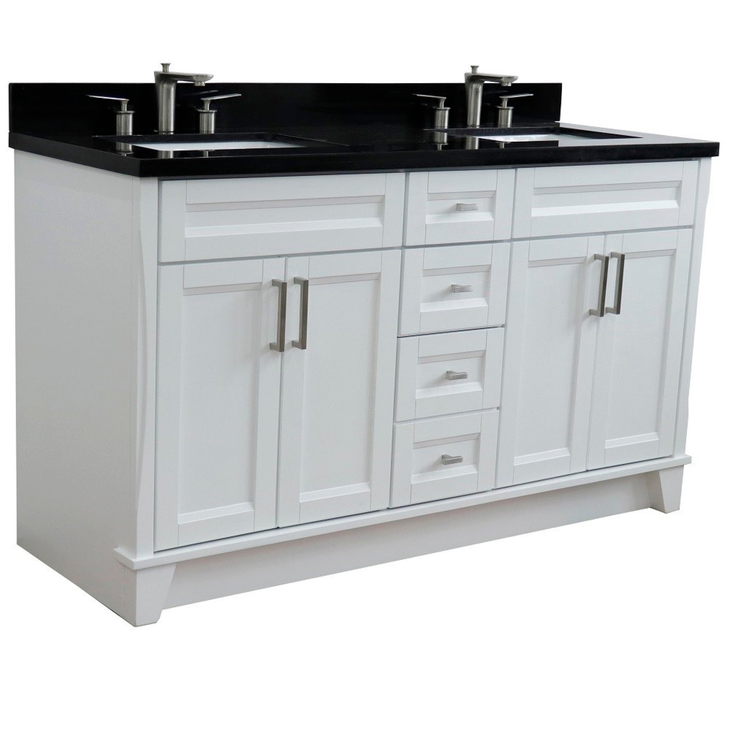61" Double sink vanity in White finish and Black galaxy granite and rectangle sink