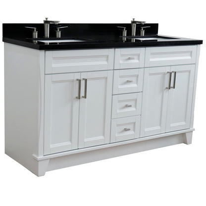 61" Double sink vanity in White finish and Black galaxy granite and rectangle sink