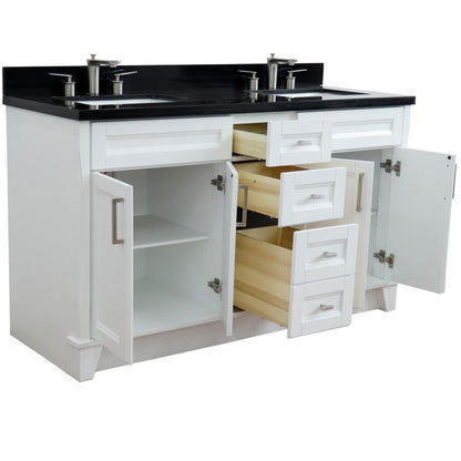 61" Double sink vanity in White finish and Black galaxy granite and rectangle sink