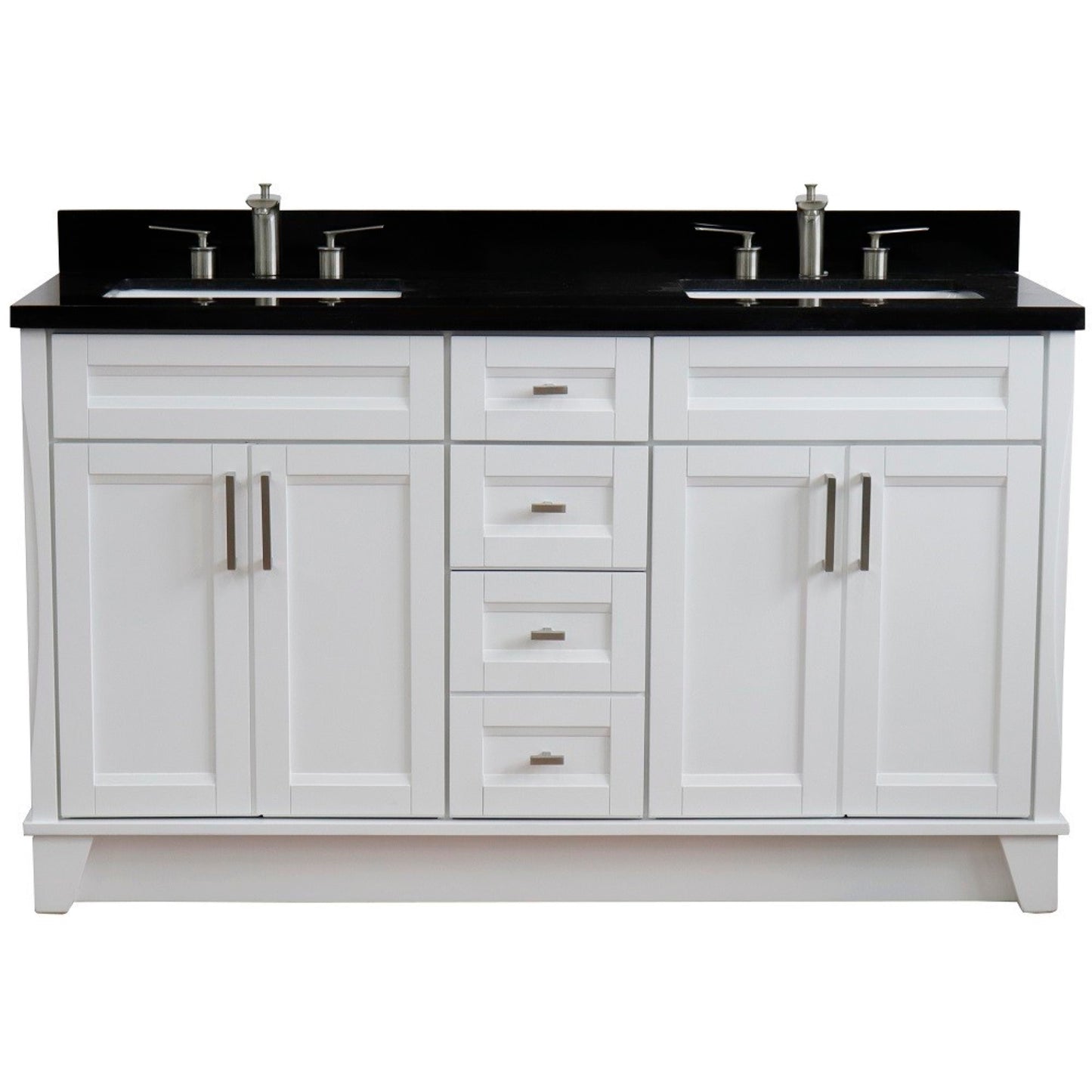 61" Double sink vanity in White finish and Black galaxy granite and rectangle sink