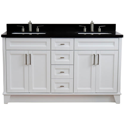 61" Double sink vanity in White finish and Black galaxy granite and rectangle sink