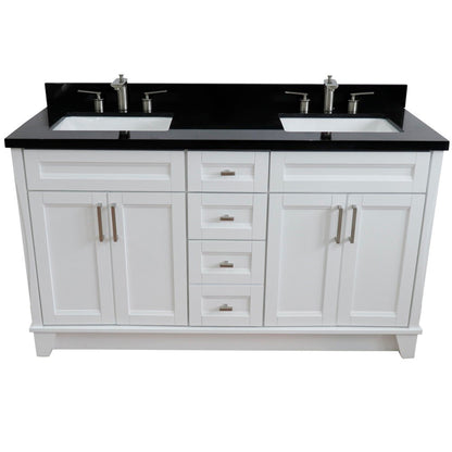 61" Double sink vanity in White finish and Black galaxy granite and rectangle sink