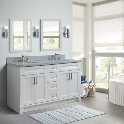 61" Double sink vanity in White finish and Gray granite and oval sink