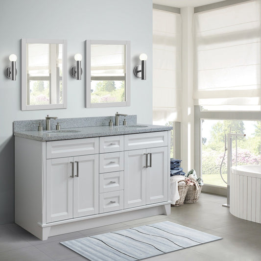 61" Double sink vanity in White finish and Gray granite and oval sink