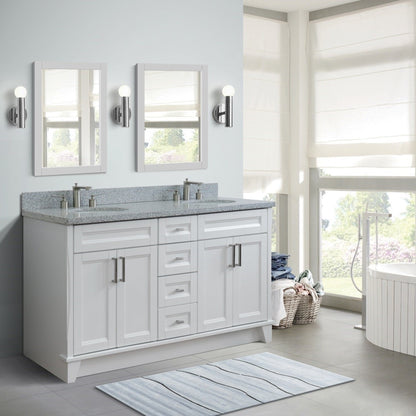 61" Double sink vanity in White finish and Gray granite and oval sink