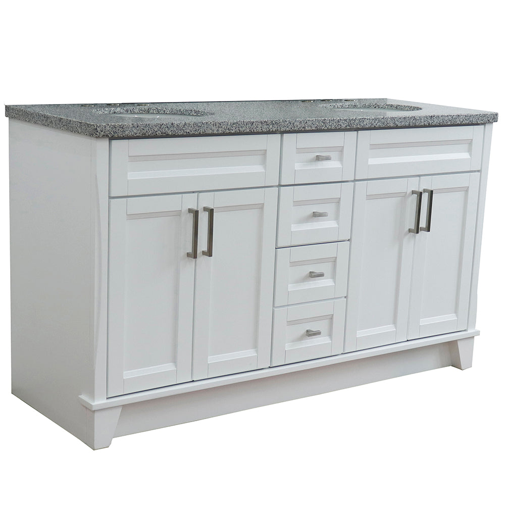 61" Double sink vanity in White finish and Gray granite and oval sink