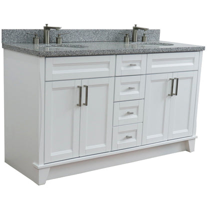 61" Double sink vanity in White finish and Gray granite and oval sink