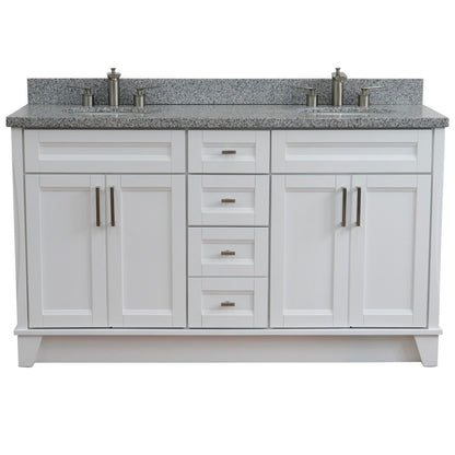 61" Double sink vanity in White finish and Gray granite and oval sink
