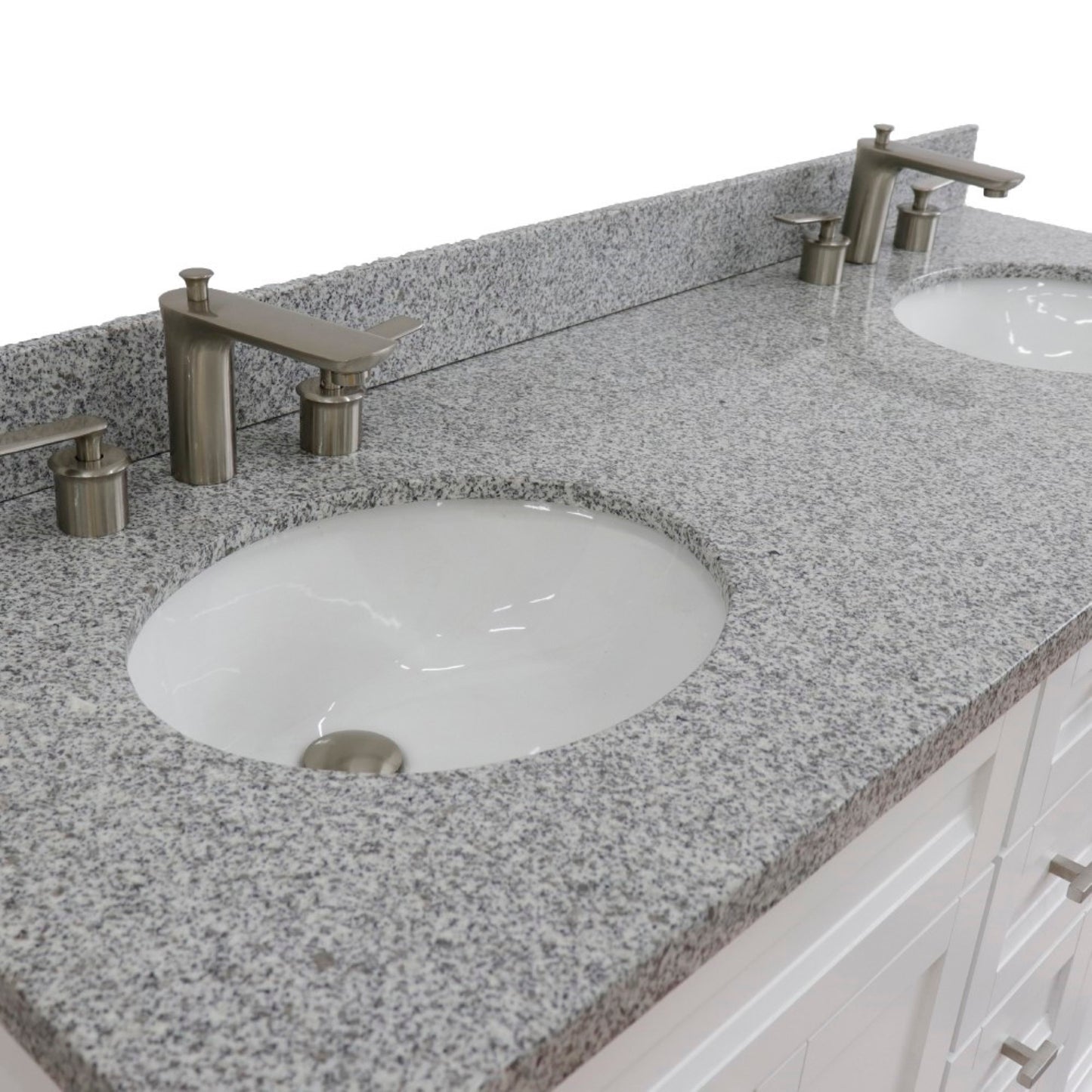 61" Double sink vanity in White finish and Gray granite and oval sink