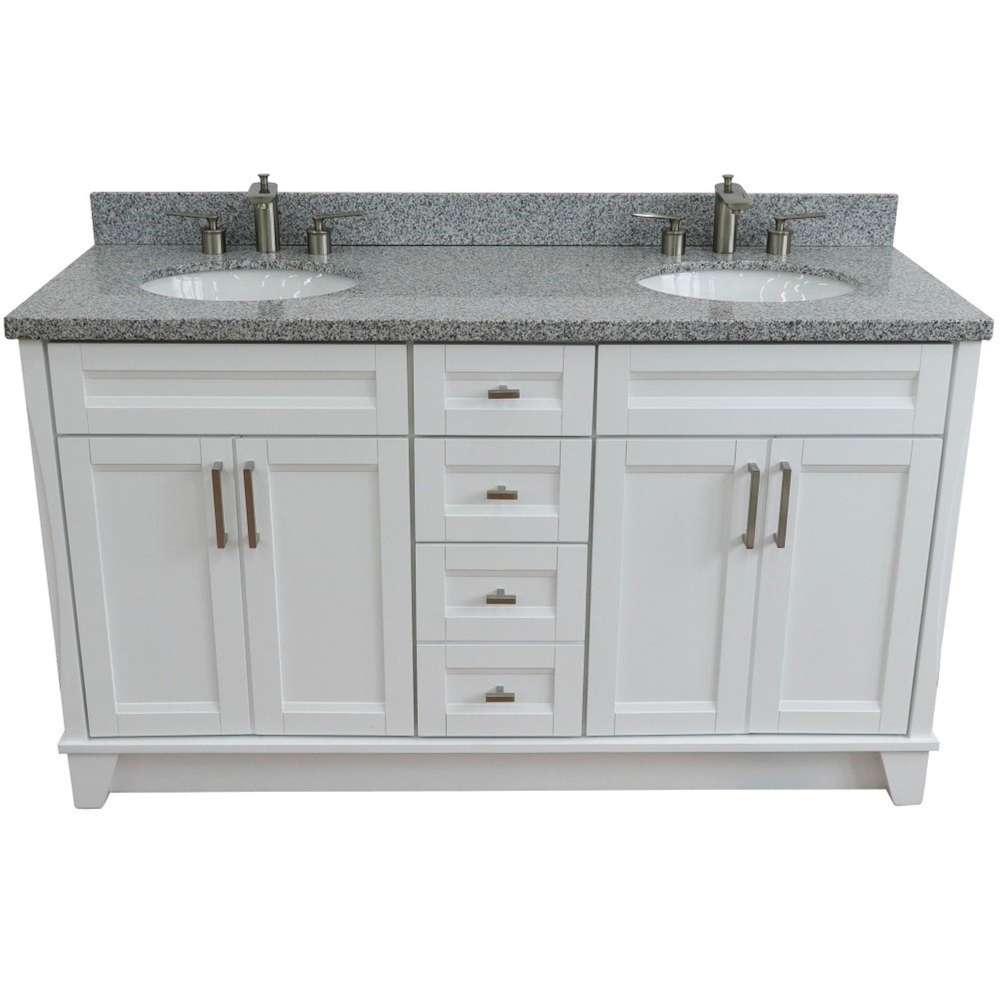 61" Double sink vanity in White finish and Gray granite and oval sink
