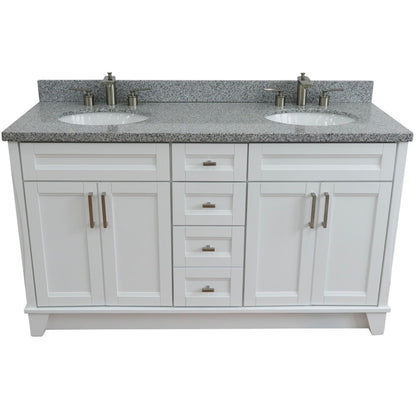 61" Double sink vanity in White finish and Gray granite and oval sink