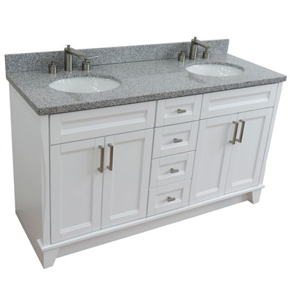 61" Double sink vanity in White finish and Gray granite and oval sink