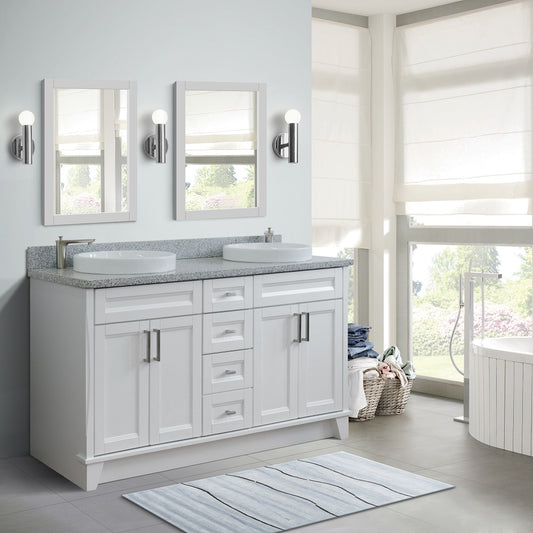 61" Double sink vanity in White finish and Gray granite and round sink
