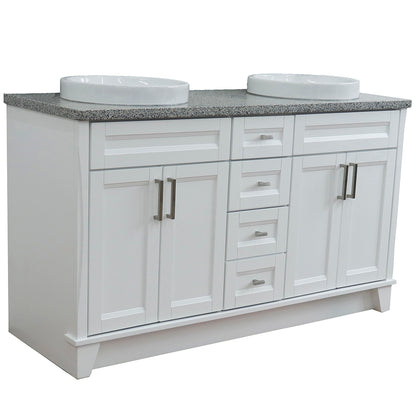 61" Double sink vanity in White finish and Gray granite and round sink
