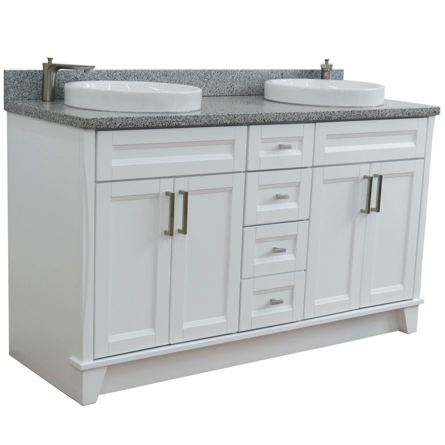 61" Double sink vanity in White finish and Gray granite and round sink