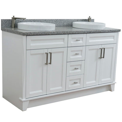 61" Double sink vanity in White finish and Gray granite and round sink