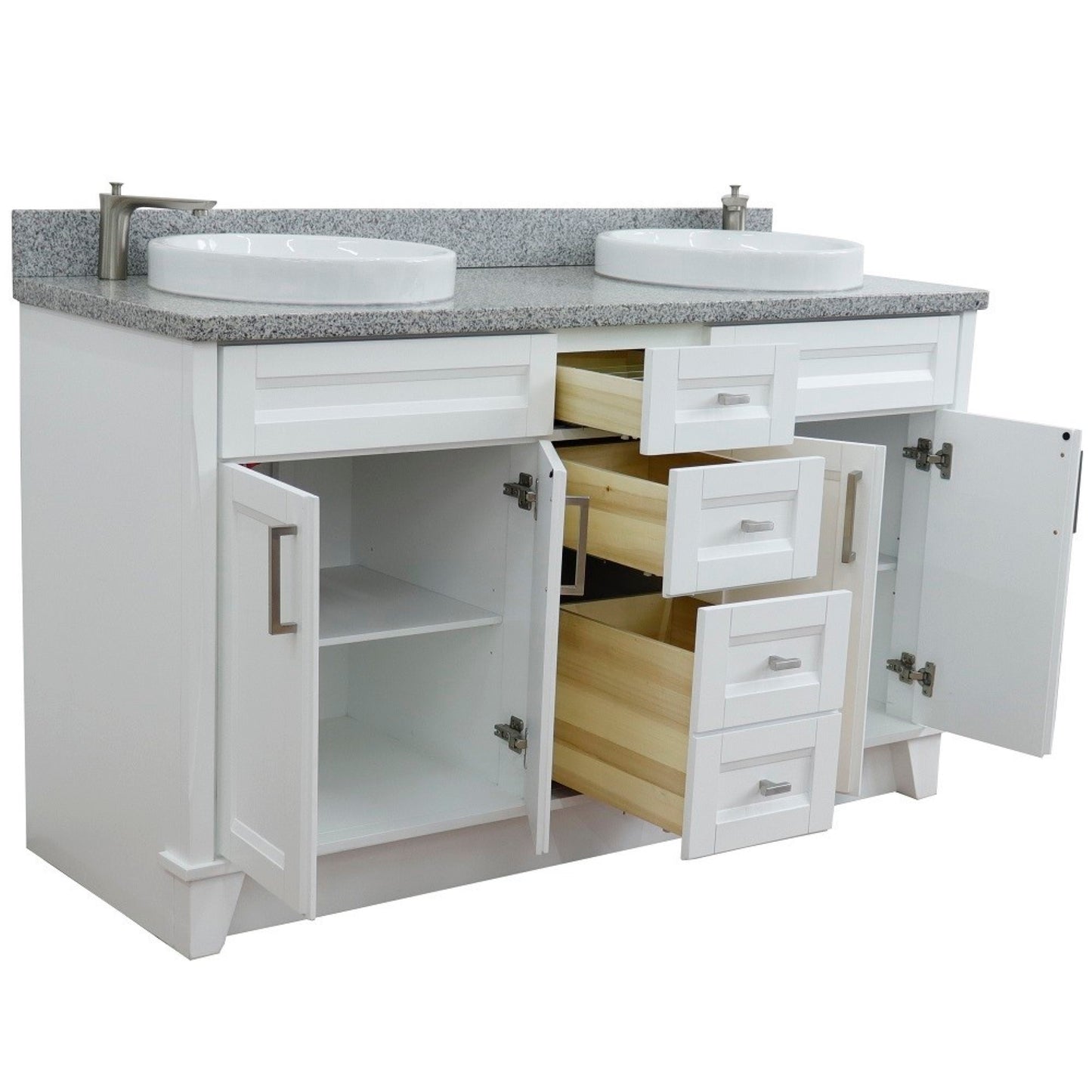 61" Double sink vanity in White finish and Gray granite and round sink