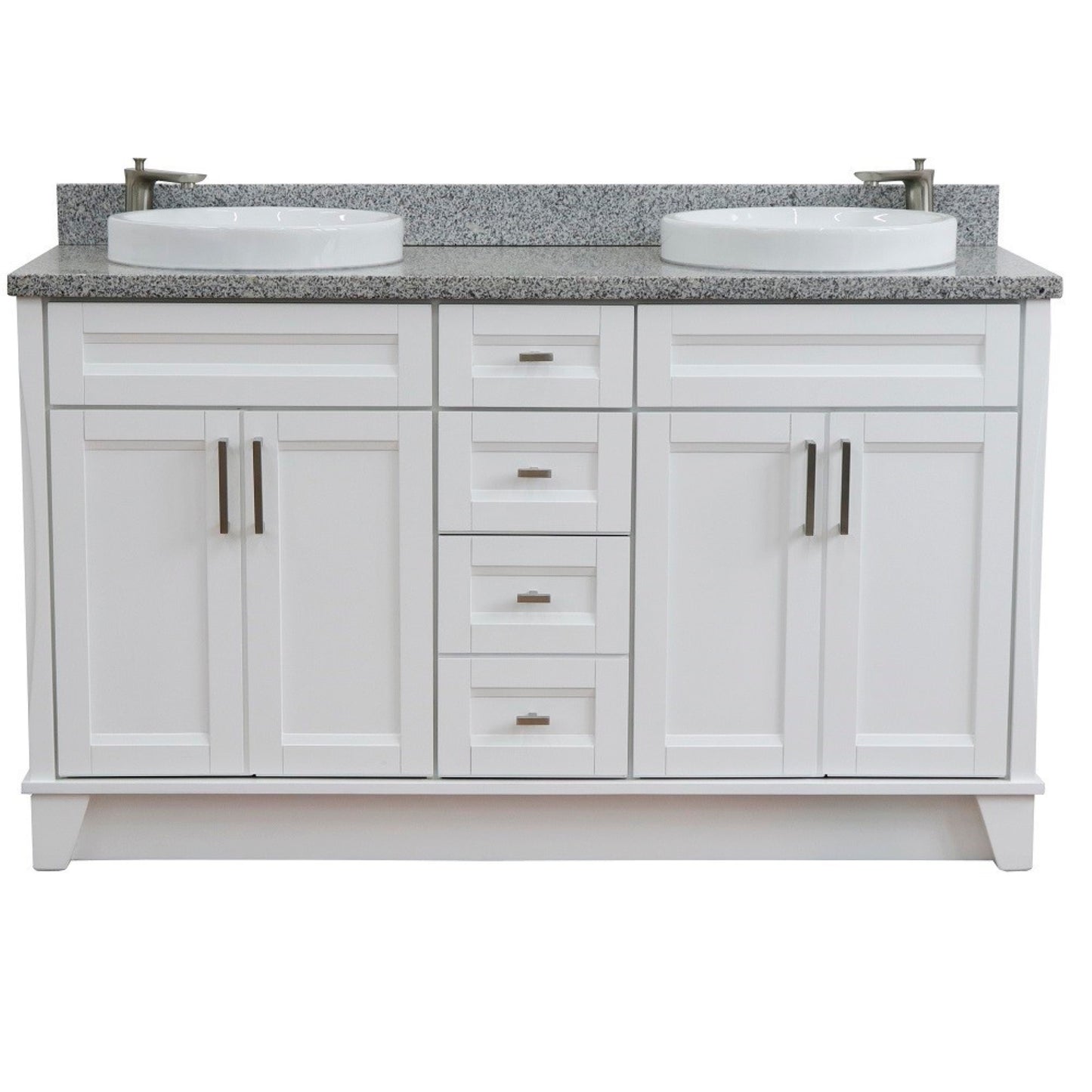 61" Double sink vanity in White finish and Gray granite and round sink