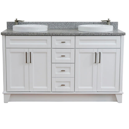 61" Double sink vanity in White finish and Gray granite and round sink