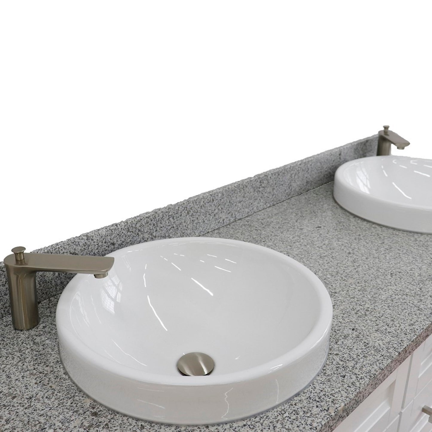 61" Double sink vanity in White finish and Gray granite and round sink