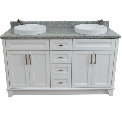 61" Double sink vanity in White finish and Gray granite and round sink