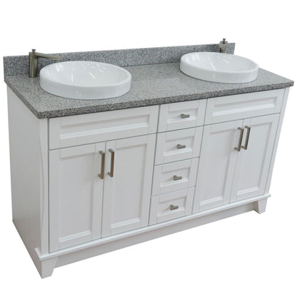 61" Double sink vanity in White finish and Gray granite and round sink